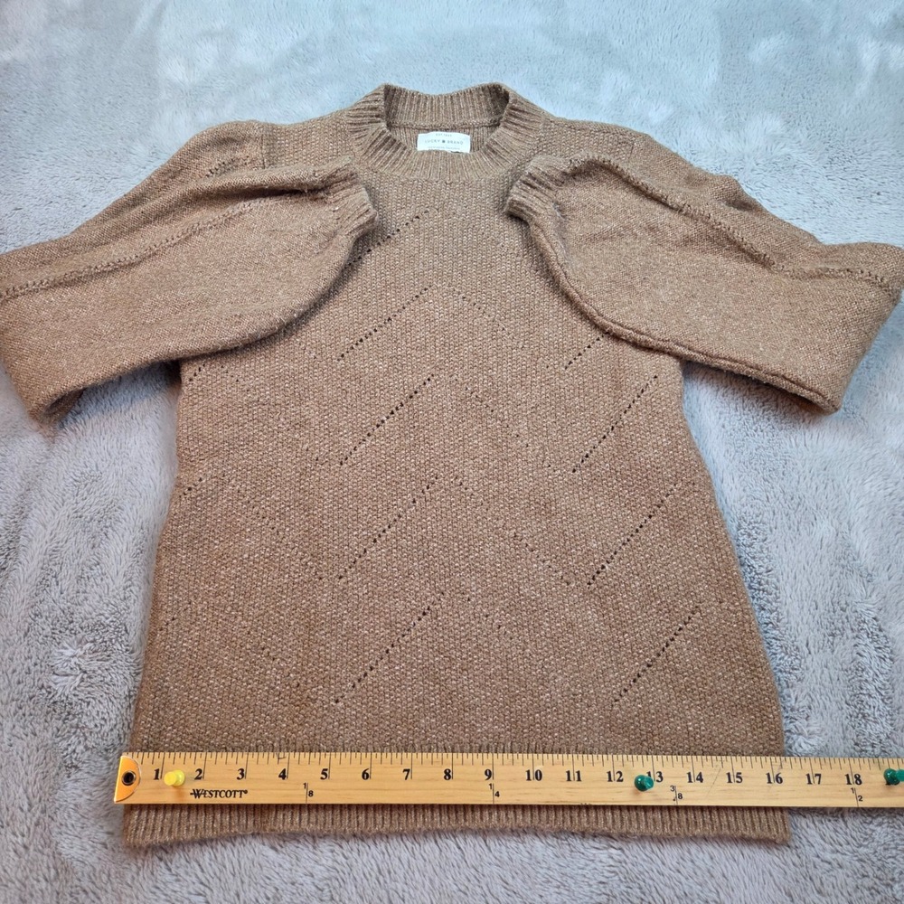 Lucky Brand Sweater Womens XS Brown Chevron Pointelle Knit Puff Sleeve Pullover - Picture 5 of 5